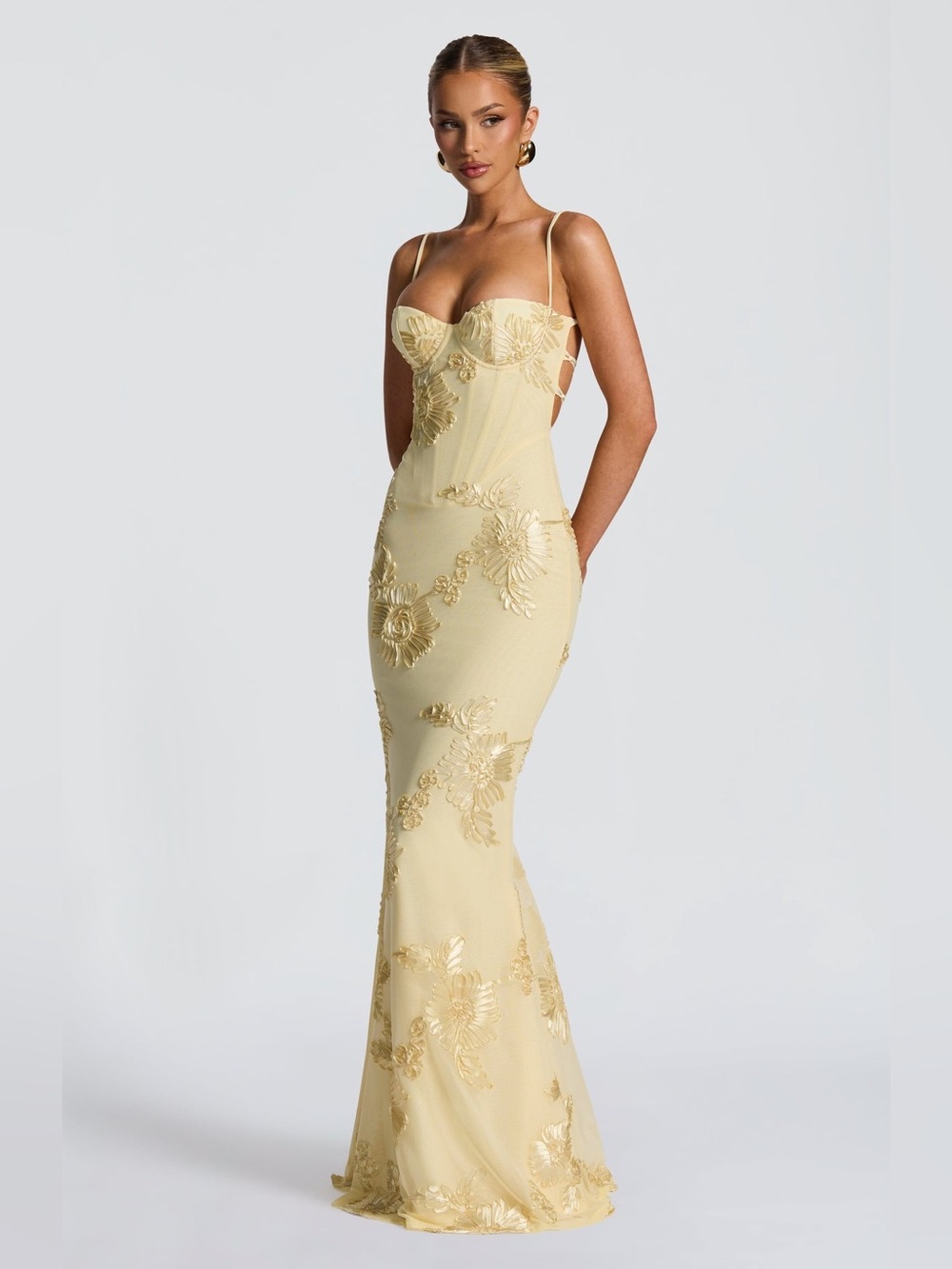 Babyboo Fashion "Nefertiti" Formal Maxi Dress Mesh Elegant Floral Lemon Yellow S